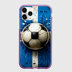 Чехол iPhone 11 Pro матовый Футбольный мяч на синем, цвет: 3D-фиолетовый