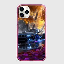 Чехол iPhone 11 Pro матовый BMW синие неоновые фары, цвет: 3D-малиновый