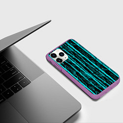 Чехол iPhone 11 Pro матовый Бирюзовые полоски-деревья на темном фоне - паттерн, цвет: 3D-фиолетовый — фото 2