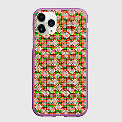 Чехол iPhone 11 Pro матовый Белые ромашки на красно зеленом клетчатом фоне, цвет: 3D-фиолетовый