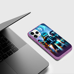 Чехол iPhone 11 Pro матовый Minecraft - neon metropolis ai art, цвет: 3D-фиолетовый — фото 2