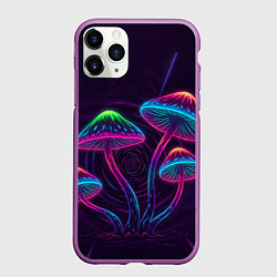 Чехол iPhone 11 Pro матовый Неоновые грибы и лучи на темном фоне, цвет: 3D-фиолетовый