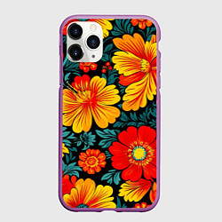 Чехол iPhone 11 Pro матовый Русская хохлома с цветами, цвет: 3D-фиолетовый
