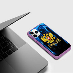 Чехол iPhone 11 Pro матовый Золотой герб России на синей стекающей текстуре, цвет: 3D-фиолетовый — фото 2