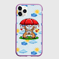 Чехол iPhone 11 Pro матовый Влюбленные зайчики под зонтом, цвет: 3D-фиолетовый