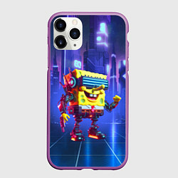 Чехол iPhone 11 Pro матовый Губка Боб - киберпанк неоновое свечение, цвет: 3D-фиолетовый