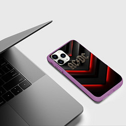 Чехол iPhone 11 Pro матовый ACDC лого из металла на черно-красной текстуре, цвет: 3D-фиолетовый — фото 2