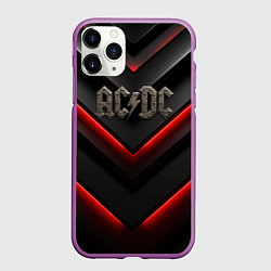 Чехол iPhone 11 Pro матовый ACDC лого из металла на черно-красной текстуре, цвет: 3D-фиолетовый