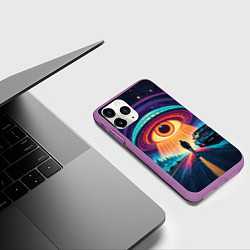 Чехол iPhone 11 Pro матовый НЛО в форме глаза и человек на дороге, цвет: 3D-фиолетовый — фото 2