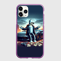 Чехол iPhone 11 Pro матовый Бендер рядом с Ламбо и рассыпанным баблом, цвет: 3D-фиолетовый
