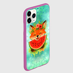 Чехол iPhone 11 Pro матовый Веселая лисичка ест арбуз, цвет: 3D-фиолетовый — фото 2