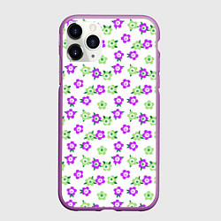 Чехол iPhone 11 Pro матовый Зеленые фиолетовые цветы на белом фоне, цвет: 3D-фиолетовый
