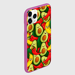 Чехол iPhone 11 Pro матовый Авокадо, бананы, перцы чили улыбаются - паттерн фр, цвет: 3D-фиолетовый — фото 2
