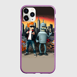 Чехол iPhone 11 Pro матовый Фрай и Бендер на фоне стены с граффити, цвет: 3D-фиолетовый