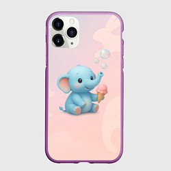 Чехол iPhone 11 Pro матовый Маленький слоненок с мороженым пускает пузыри, цвет: 3D-фиолетовый