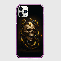 Чехол iPhone 11 Pro матовый Череп и жёлто-чёрные змеи, цвет: 3D-фиолетовый