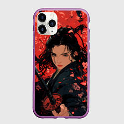 Чехол iPhone 11 Pro матовый Девушка самурай и сакура, цвет: 3D-фиолетовый