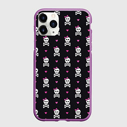 Чехол iPhone 11 Pro матовый Милый паттерн с черепами и сердцечками на черном ф, цвет: 3D-фиолетовый