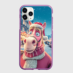 Чехол iPhone 11 Pro матовый Лошадь на фоне новогодней улицы