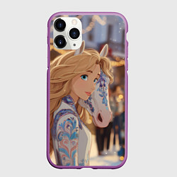 Чехол iPhone 11 Pro матовый Блондинка с новогодней лошадкой, цвет: 3D-фиолетовый