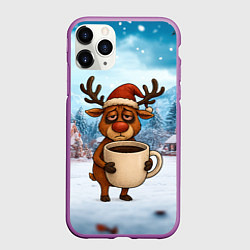 Чехол iPhone 11 Pro матовый Уставший новогодний олень с кофе, цвет: 3D-фиолетовый