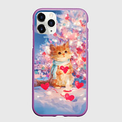 Чехол iPhone 11 Pro матовый Милый котенок и новогодняя елка, цвет: 3D-фиолетовый