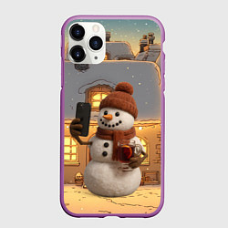 Чехол iPhone 11 Pro матовый Снеговик с глинтвейном делает селфи, цвет: 3D-фиолетовый