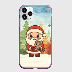 Чехол iPhone 11 Pro матовый Санта с котенком, цвет: 3D-фиолетовый