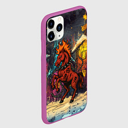 Чехол iPhone 11 Pro матовый Красная огненная лошадь панк в городе, цвет: 3D-фиолетовый — фото 2