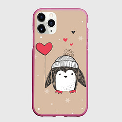 Чехол iPhone 11 Pro матовый Пингвин с шариком, цвет: 3D-малиновый