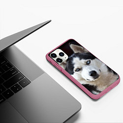 Чехол iPhone 11 Pro матовый Глаза хаски, цвет: 3D-малиновый — фото 2