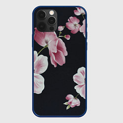 Чехол для iPhone 12 Pro Max Цветы на черном фоне, цвет: 3D-тёмно-синий