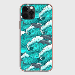 Чехол для iPhone 12 Pro Max Лазурные дельфины, цвет: 3D-светло-розовый