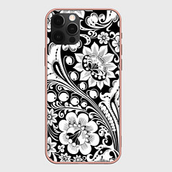 Чехол для iPhone 12 Pro Max Хохлома черно-белая, цвет: 3D-светло-розовый