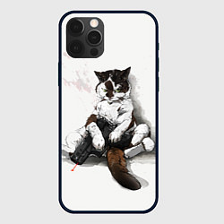 Чехол для iPhone 12 Pro Max Котик с пистолетом на стене мем, цвет: 3D-черный