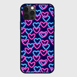 Чехол для iPhone 12 Pro Max Неоновые сердца, паттерн, цвет: 3D-черный