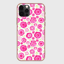 Чехол iPhone 12 Pro Max Яркие розовые цветы в дудл стиле, абстракция