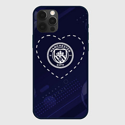 Чехол для iPhone 12 Pro Max Лого Manchester City в сердечке на фоне мячей, цвет: 3D-черный