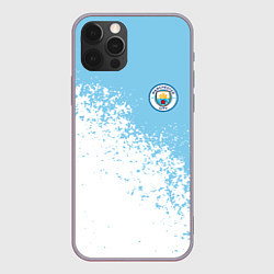 Чехол iPhone 12 Pro Max Manchester city белые брызги на голубом фоне