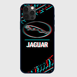 Чехол для iPhone 12 Pro Max Значок Jaguar в стиле glitch на темном фоне, цвет: 3D-черный