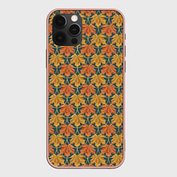 Чехол iPhone 12 Pro Max Осенние кленовые листья в золотой чешуей на бирюзо