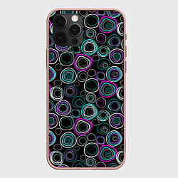 Чехол для iPhone 12 Pro Max Узор ретро круги и кольца на черном фоне, цвет: 3D-светло-розовый