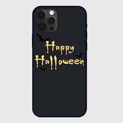 Чехол для iPhone 12 Pro Max Happy Halloween надпись с летучими мышами, цвет: 3D-черный