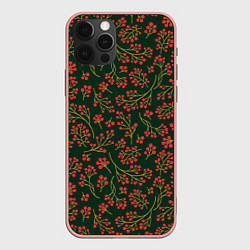 Чехол для iPhone 12 Pro Max Красные ягоды на темно-зеленом фоне, цвет: 3D-светло-розовый