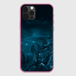 Чехол для iPhone 12 Pro Max Синий космос, горы и нло, цвет: 3D-малиновый