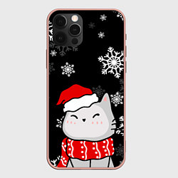 Чехол iPhone 12 Pro Max Котик в новогодней шапочке - снежинки