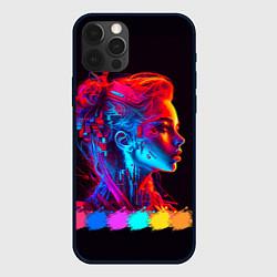 Чехол для iPhone 12 Pro Max Нейросеть - девушка киборг в неоновом свечении, цвет: 3D-черный