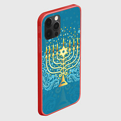 Чехол для iPhone 12 Pro Max Золотая менора с синим цветочным орнаментом, цвет: 3D-красный — фото 2