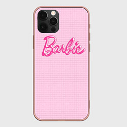 Чехол для iPhone 12 Pro Max Барби - логотип на клетчатом фоне, цвет: 3D-светло-розовый