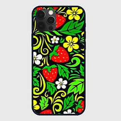 Чехол для iPhone 12 Pro Max Роспись земляника и цветы, цвет: 3D-черный